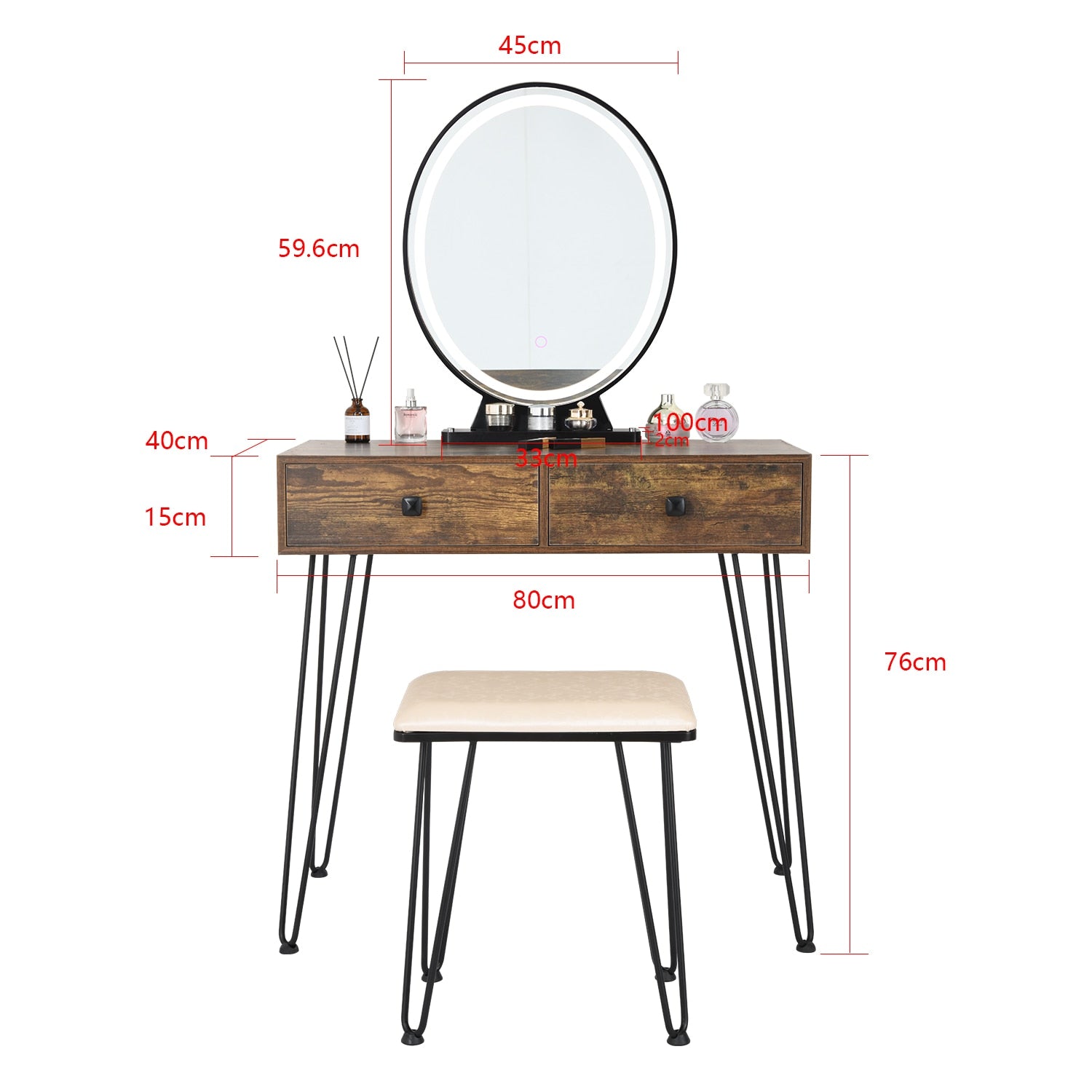 Coiffeuse Design - Miroir Led Intégré - 2 Tiroirs + 1 Organisateur -  Tabouret Inclus à Prix Carrefour