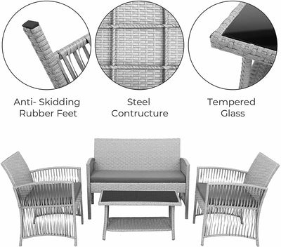 Ensemble de meubles de jardin extérieur, en rotin 4 pièces, avec coussins, Table en verre