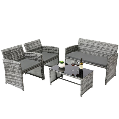 Ensemble de meubles de jardin en rotin, Table et chaises d'extérieur, 2 chaises, 1 canapé, 1 table en verre