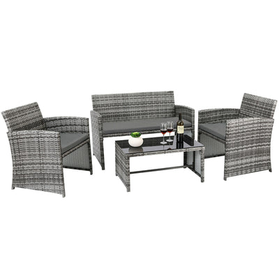 Ensemble de meubles de jardin en rotin, Table et chaises d'extérieur, 2 chaises, 1 canapé, 1 table en verre